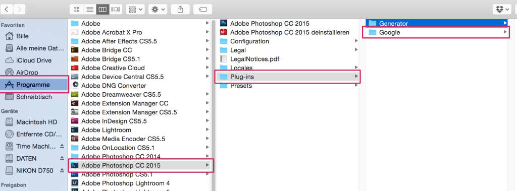 Adobe CC 2015 Plugins Ordner